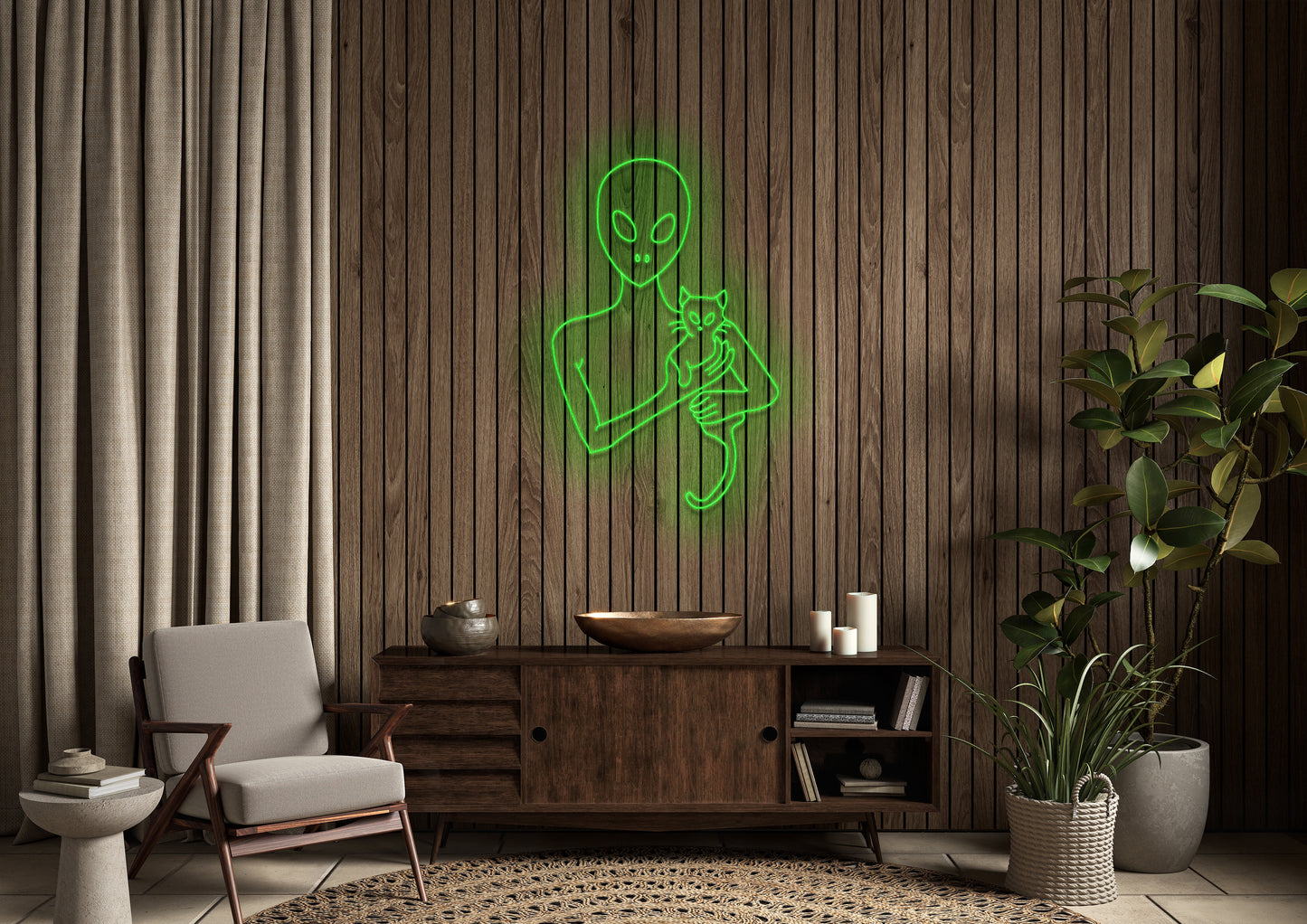 Alien and Cat - Neon Sign