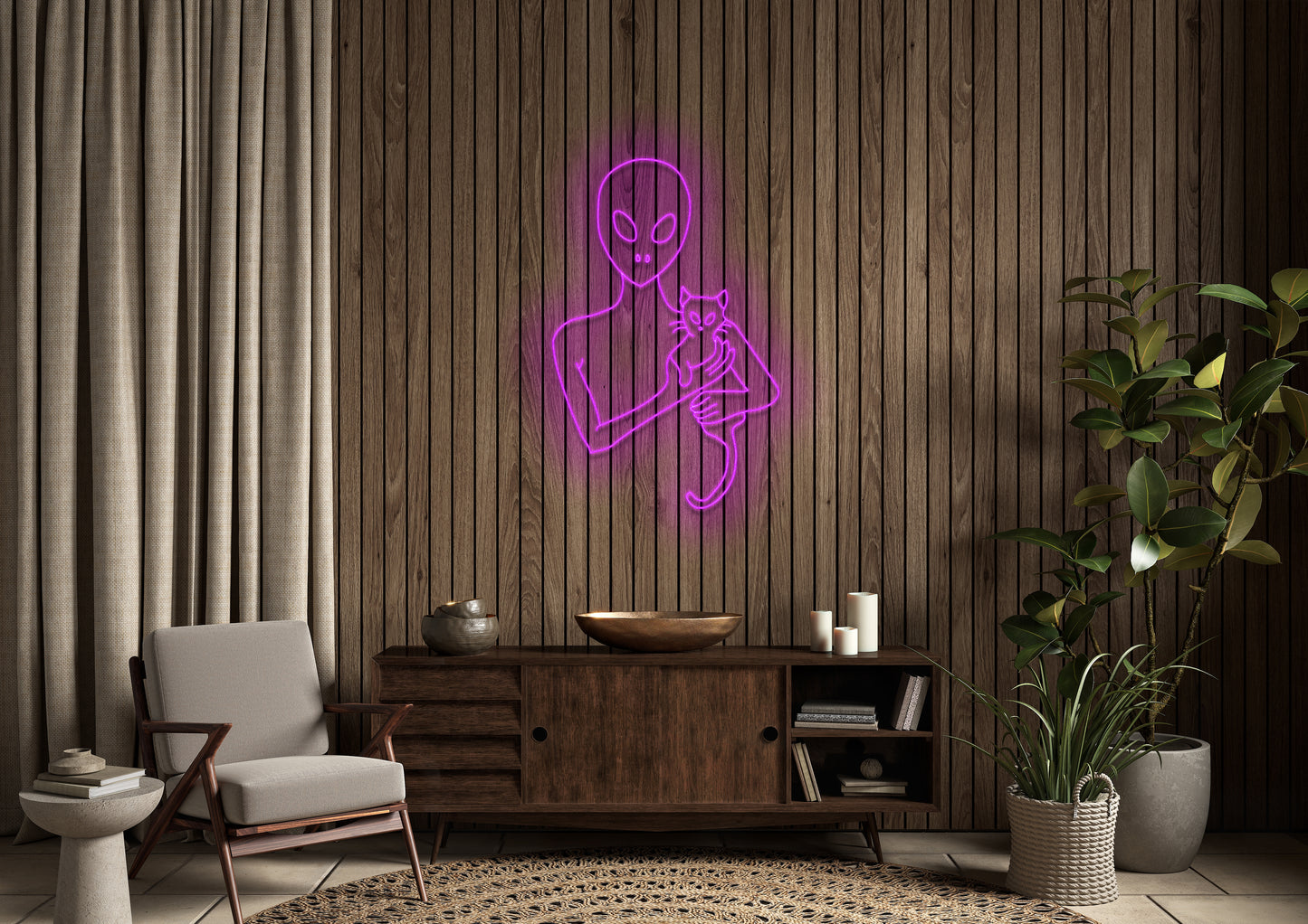 Alien and Cat - Neon Sign
