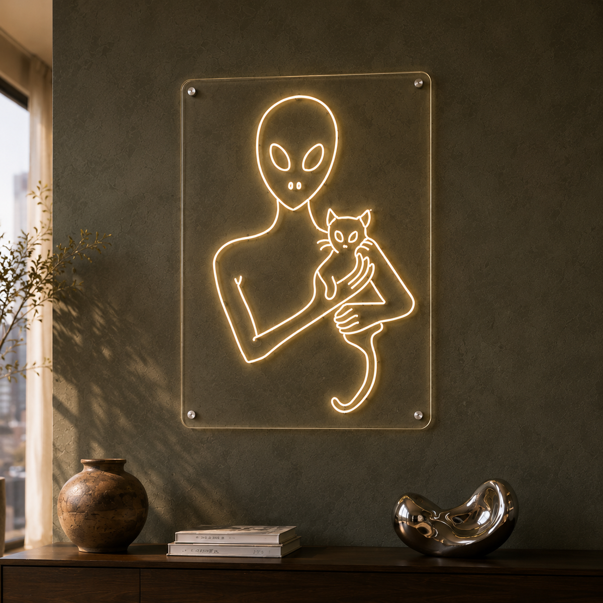 Alien and Cat - Neon Sign
