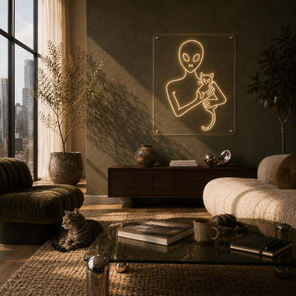 Alien and Cat - Neon Sign